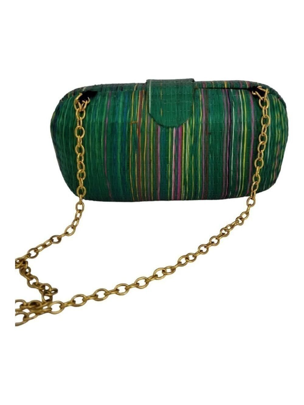 Green Raffia Shoulder Purse Gold Tone Chain Strap Striped With Snap Closure Bag